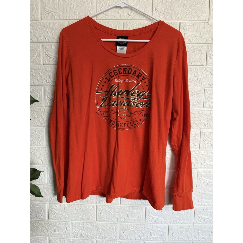Harley Davidson Womens 2XL Orange Long Sleeve Shirt Grand Teton Idaho Falls